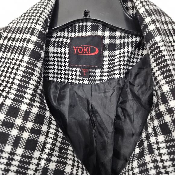 Yoki Plaid Womens Pea Coat Black White Double Breasted Wool Blend Size Large - Picture 7 of 9